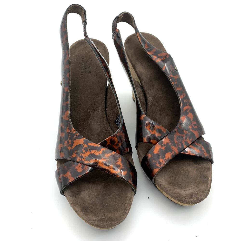 UGG Wedge Heel Womens Size 7US Cheetah Print Leather Sandals Shoes
